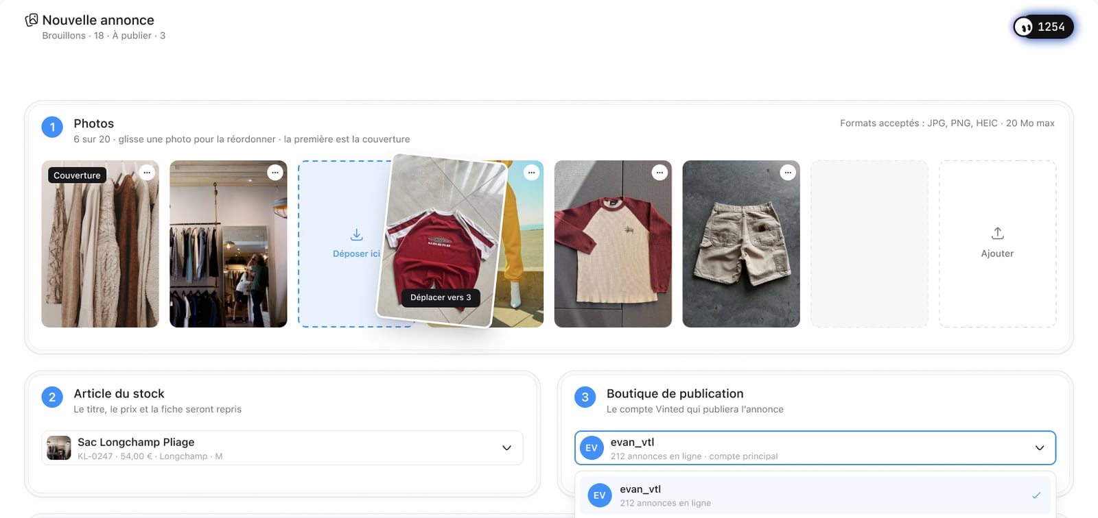 La page « Nouvelle annonce » de Klintt : les photos à glisser dans l’ordre, l’article du stock dont la fiche est reprise, et la boutique qui publiera.